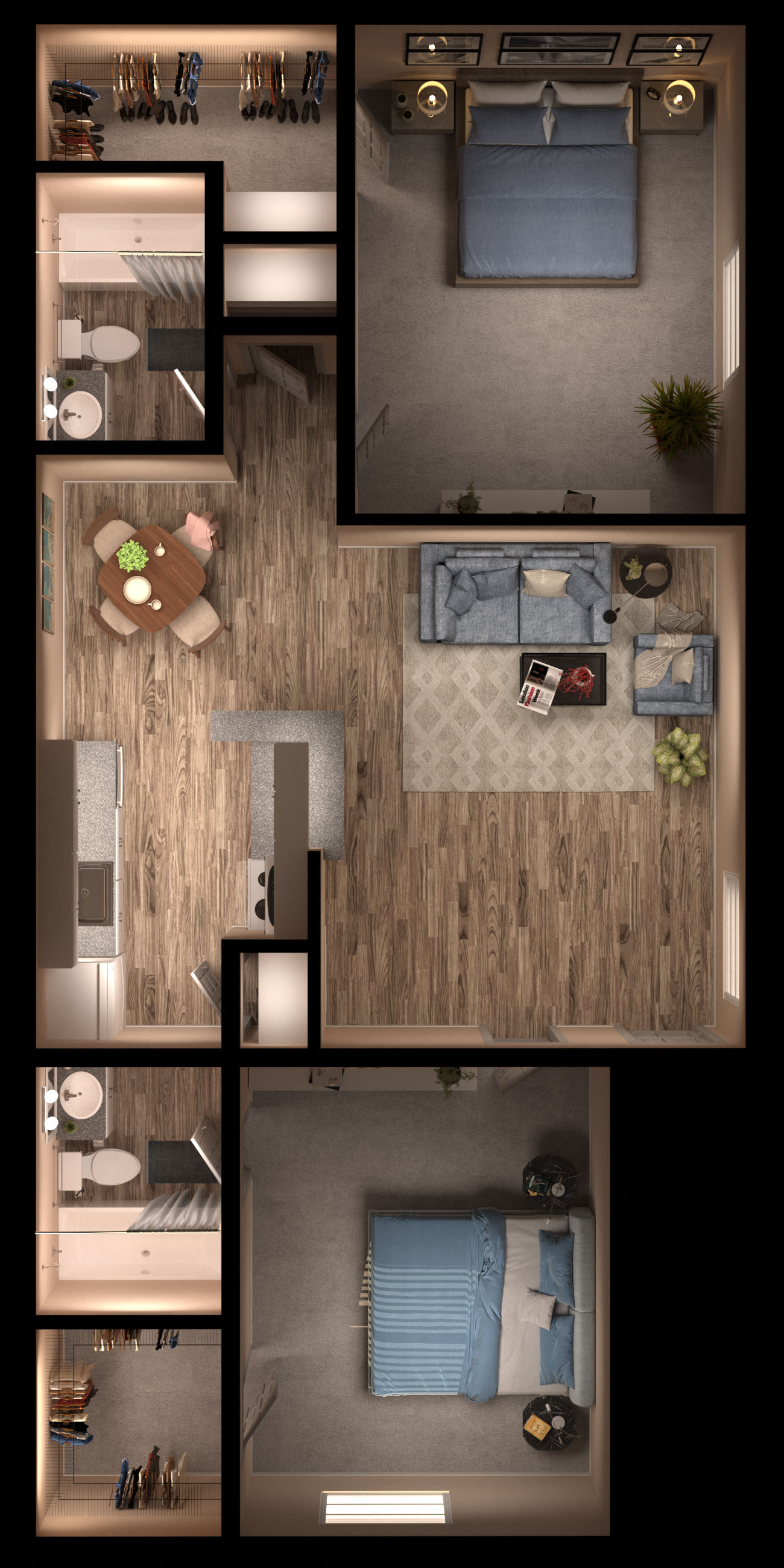 Floor plan for 2 beds, 2 baths, 863 sqft