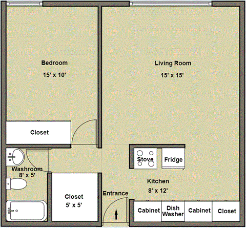 Floor plan for 1 bed, 1 bath, 600 sqft