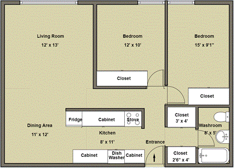 Floor plan for 2 beds, 1 bath, 800 sqft