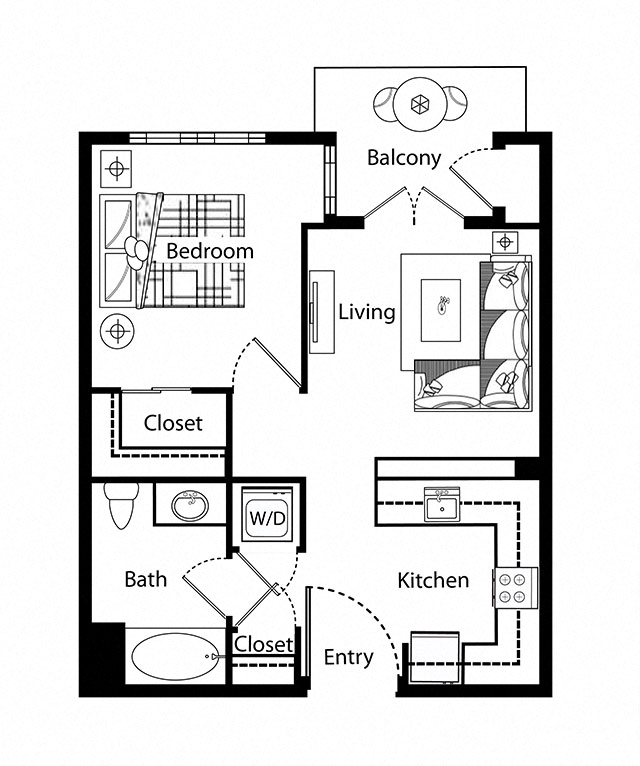 Floor plan for 1 bed, 1 bath, 646 sqft
