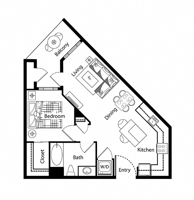 Floor plan for 1 bed, 1 bath, 716 sqft
