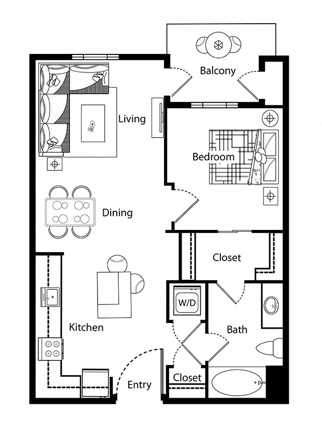 Floor plan for 1 bed, 1 bath, 745 sqft
