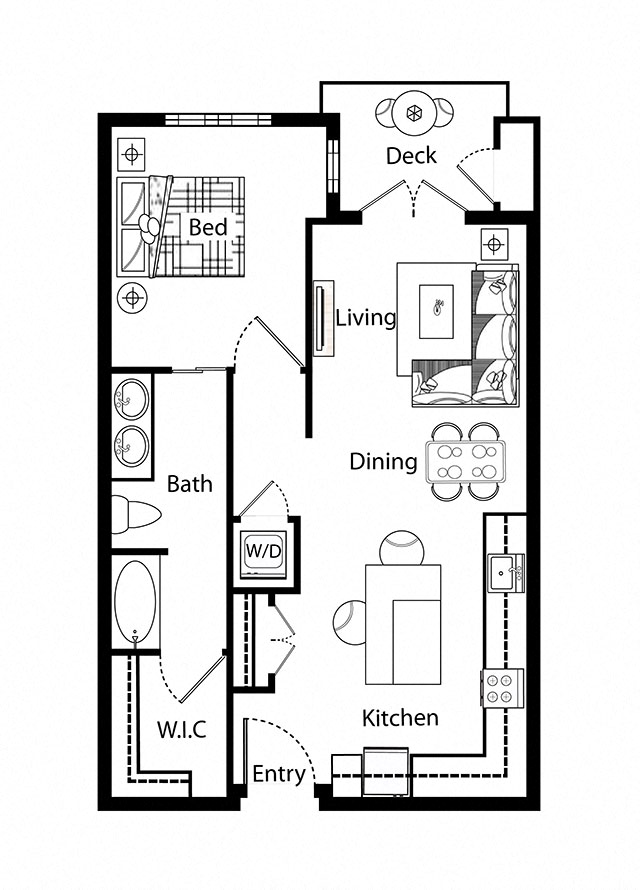 Floor plan for 1 bed, 1 bath, 853 sqft