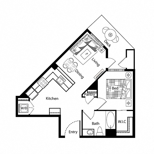 Floor plan for 1 bed, 1 bath, 693 sqft