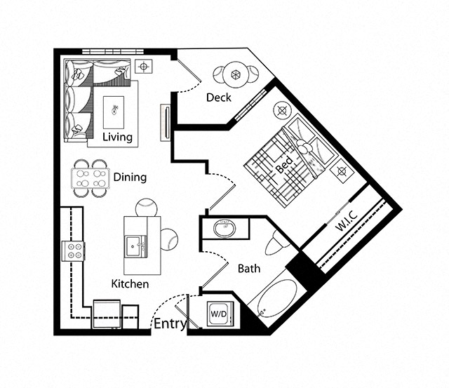 Floor plan for 1 bed, 1 bath, 626 sqft