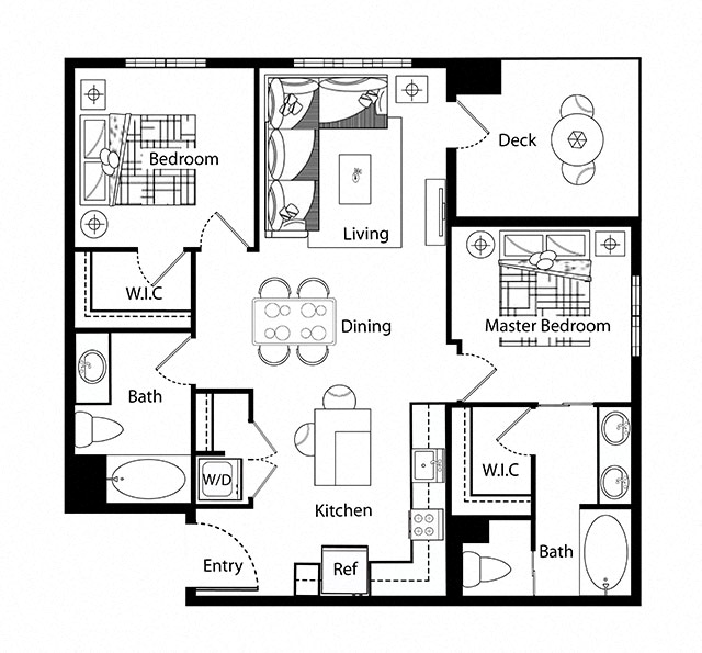 Floor plan for 2 beds, 2 baths, 1127 sqft