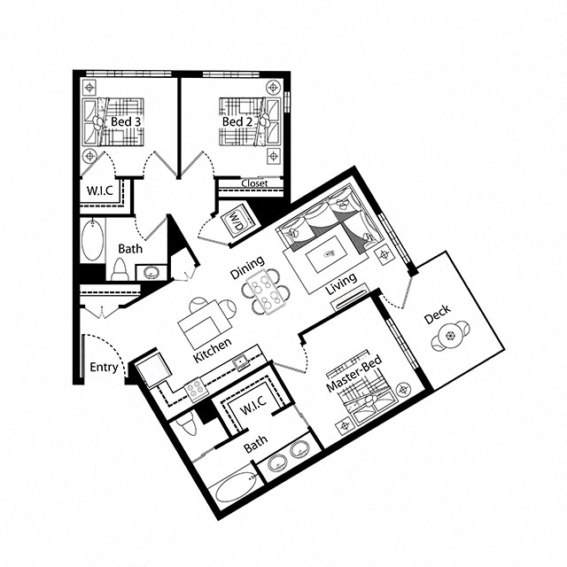 Floor plan for 3 beds, 2 baths, 1285 sqft