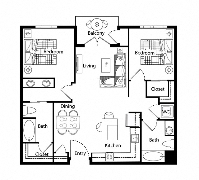 Floor plan for 2 beds, 2 baths, 1098 sqft