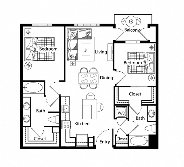 Floor plan for 2 beds, 2 baths, 1097 sqft
