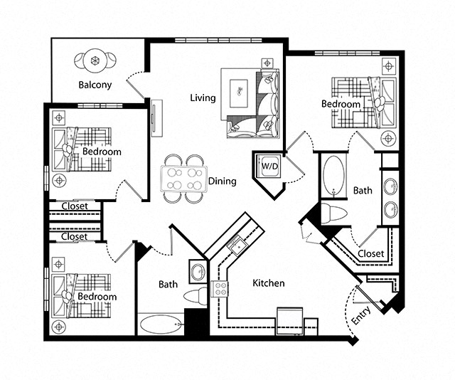 Floor plan for 3 beds, 2 baths, 1511 sqft