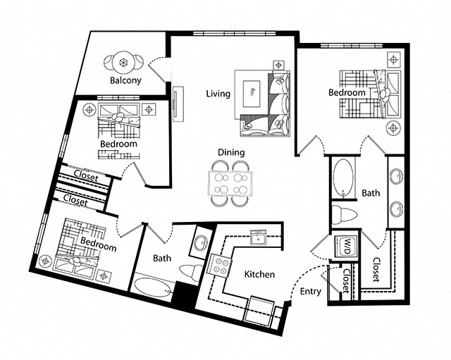 Floor plan for 3 beds, 2 baths, 1341 sqft