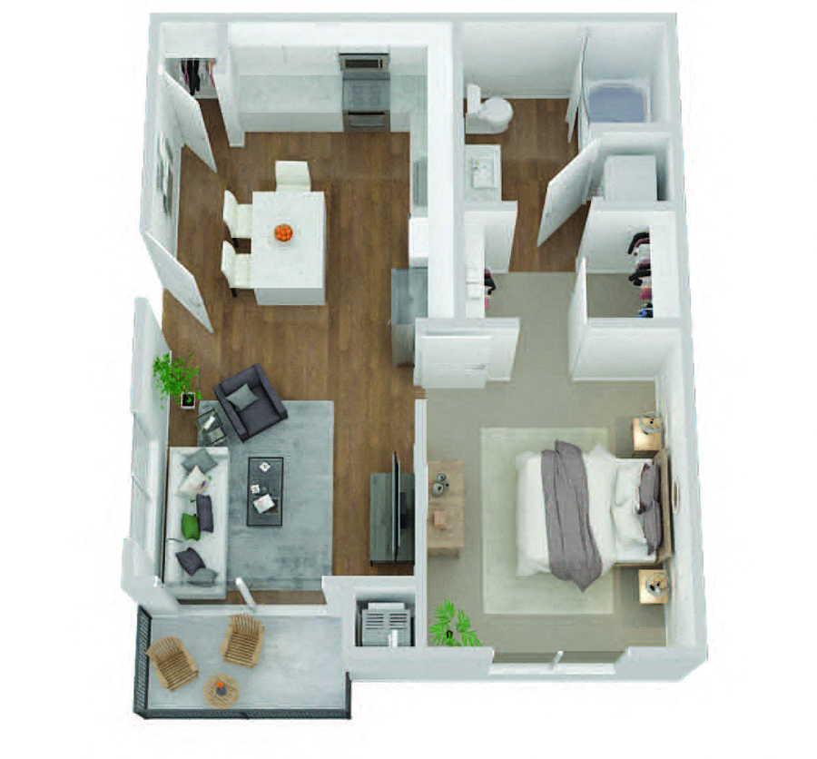 Floor plan for 1 bed, 1 bath, 662 sqft