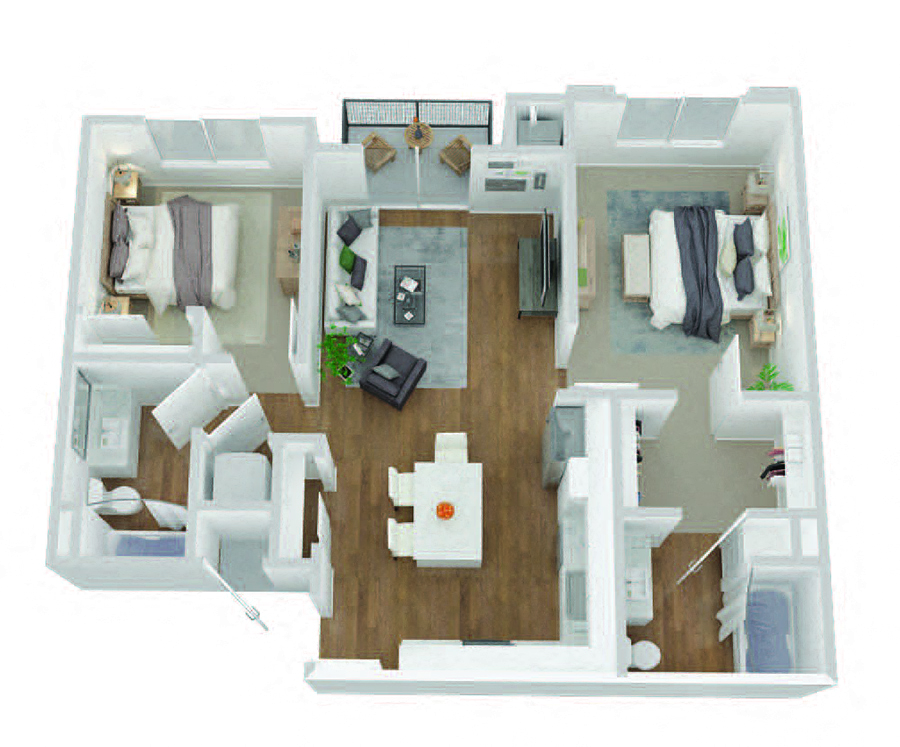 Floor plan for 2 beds, 2 baths, 1000 sqft