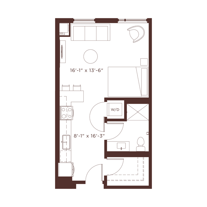 Floor plan for studio, 1 bath, 515 sqft