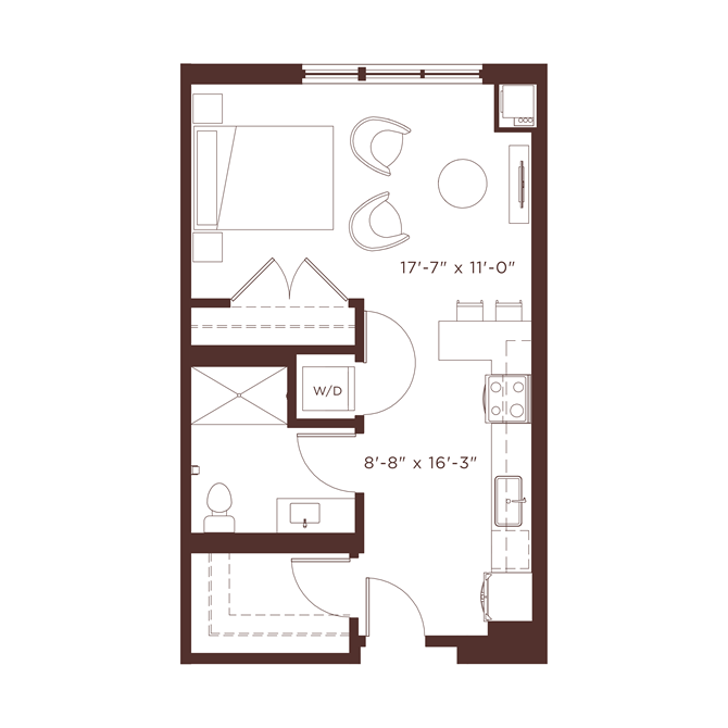 Floor plan for studio, 1 bath, 565 sqft