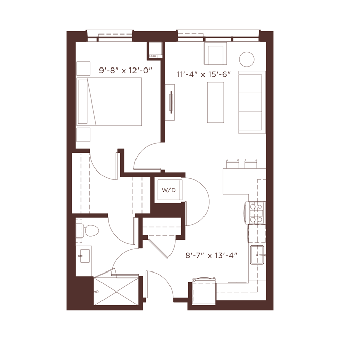 Floor plan for 1 bed, 1 bath, 690 sqft