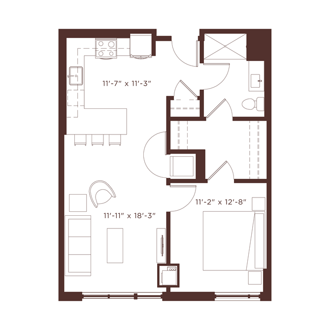 Floor plan for 1 bed, 1 bath, 750 sqft