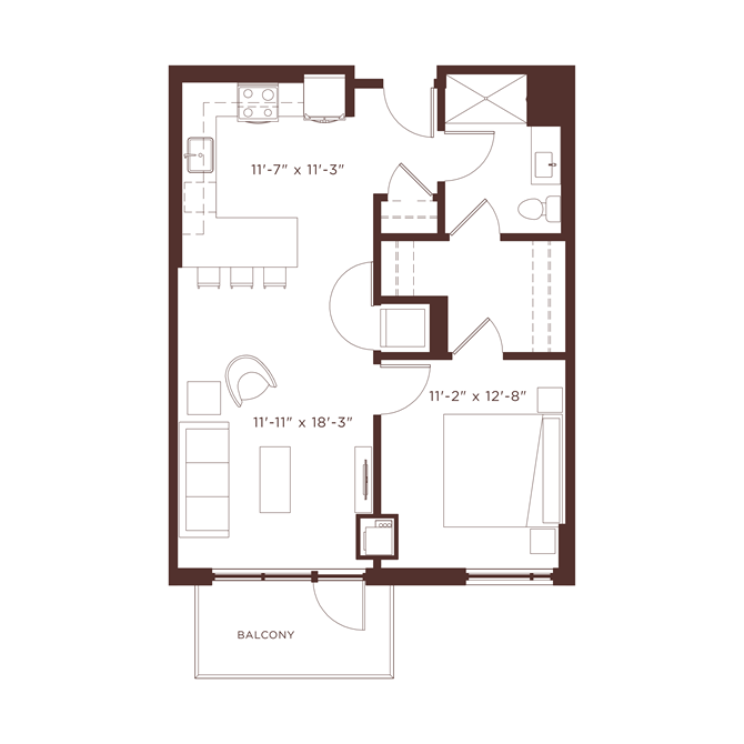 Floor plan for 1 bed, 1 bath, 750 sqft