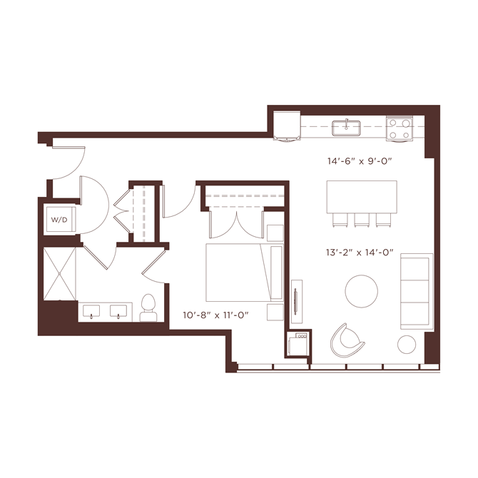 Floor plan for 1 bed, 1 bath, 795 sqft