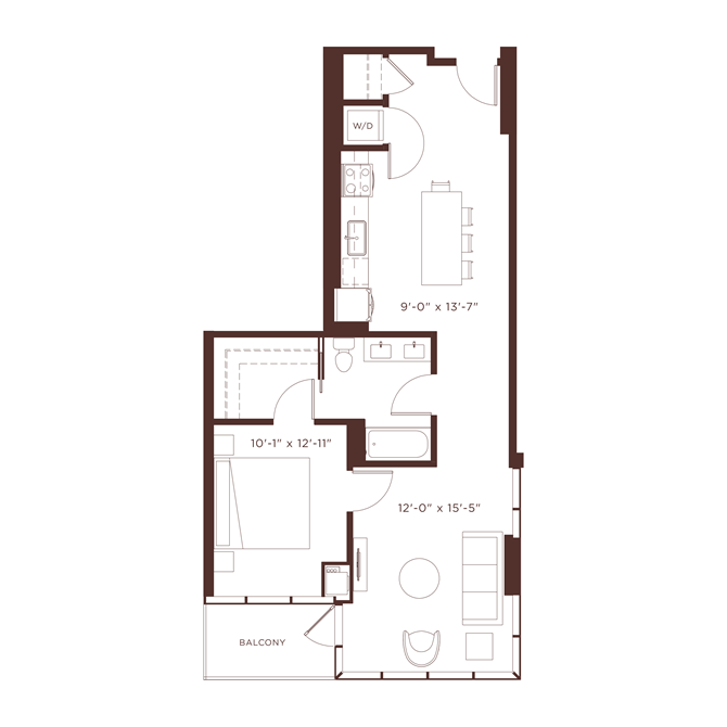 Floor plan for 1 bed, 1 bath, 865 sqft