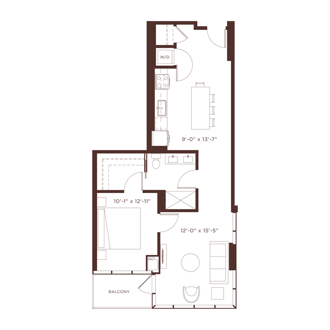 Floor plan for 1 bed, 1 bath, 865 sqft