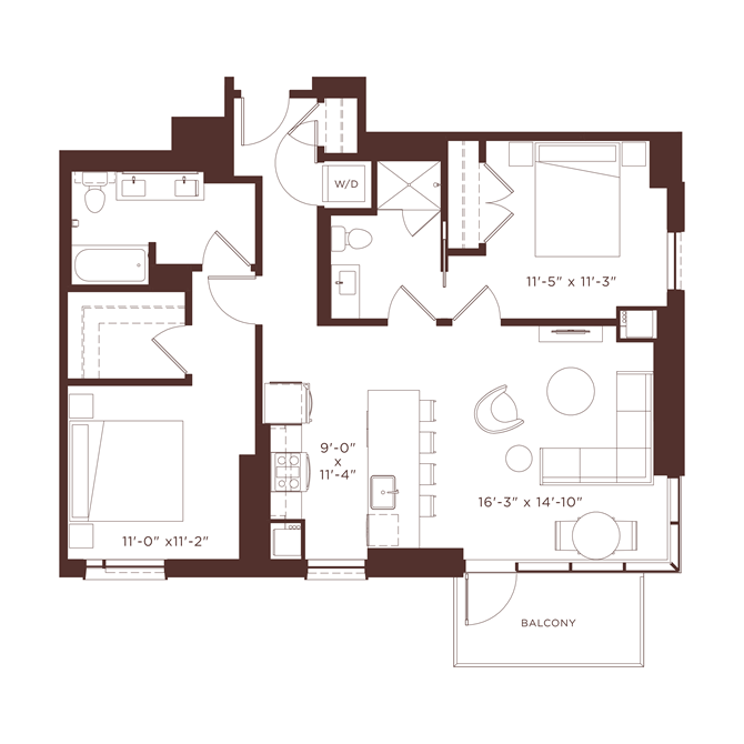 Floor plan for 2 beds, 2 baths, 1110 sqft
