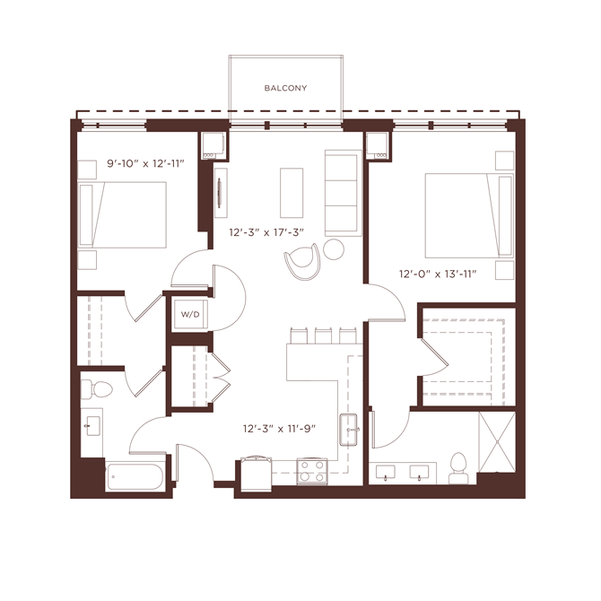 Floor plan for 2 beds, 2 baths, 1150 sqft