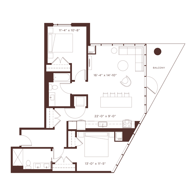 Floor plan for 2 beds, 2 baths, 1190 sqft