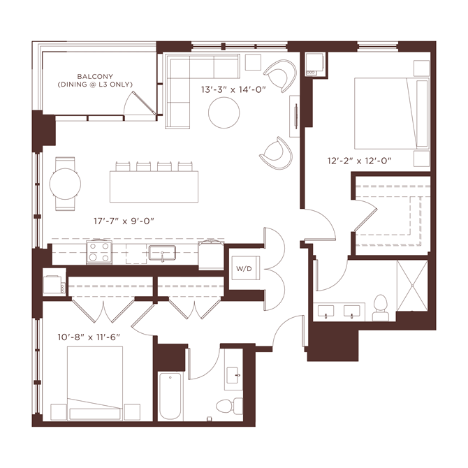 Floor plan for 2 beds, 2 baths, 1215 sqft