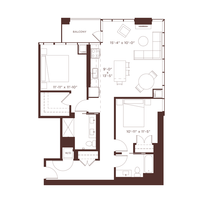 Floor plan for 2 beds, 2 baths, 1215 sqft
