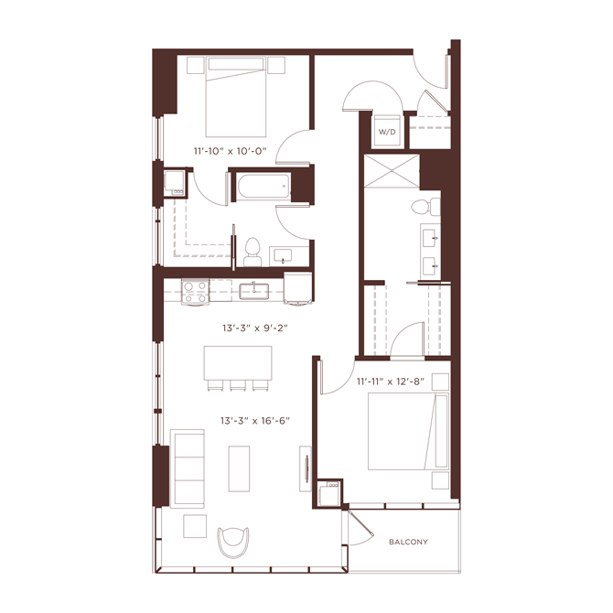 Floor plan for 2 beds, 2 baths, 1220 sqft