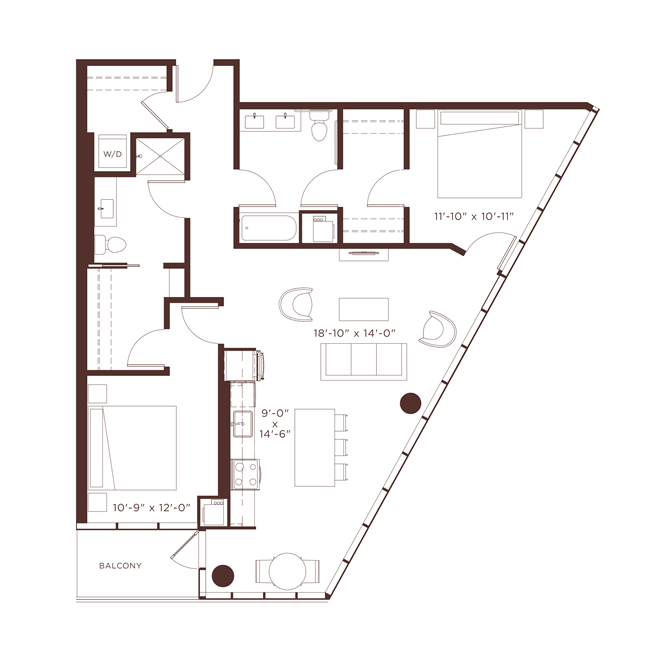 Floor plan for 2 beds, 2 baths, 1270 sqft