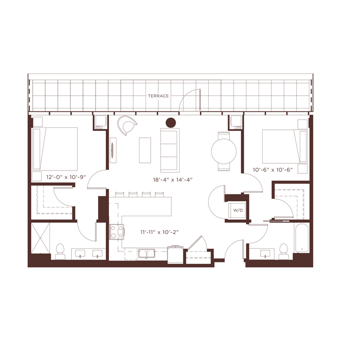 Floor plan for 2 beds, 2 baths, 1115 sqft
