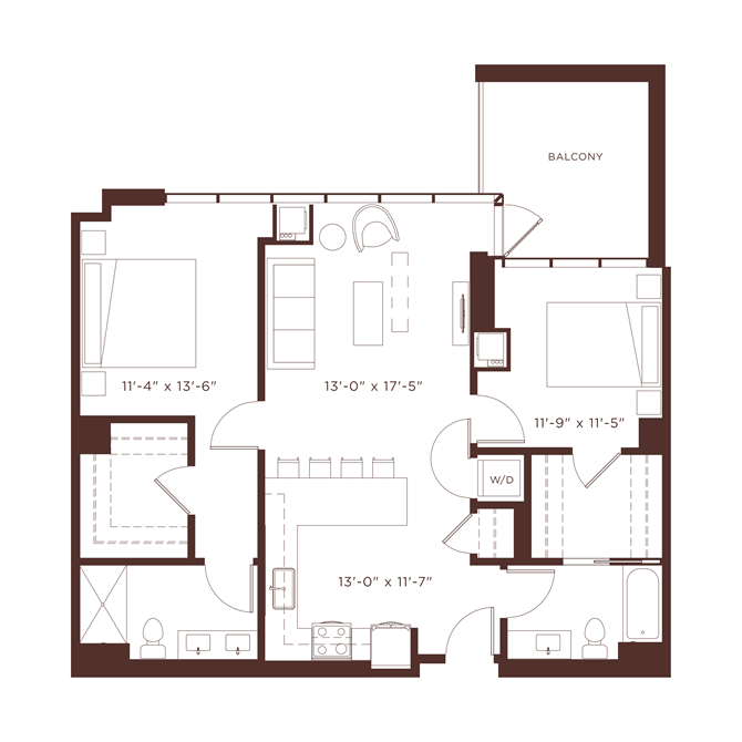 Floor plan for 2 beds, 2 baths, 1105 sqft