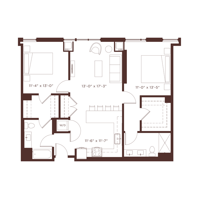 Floor plan for 2 beds, 2 baths, 1150 sqft
