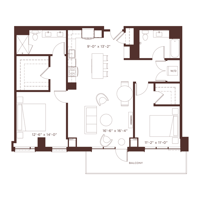 Floor plan for 2 beds, 2 baths, 1305 sqft