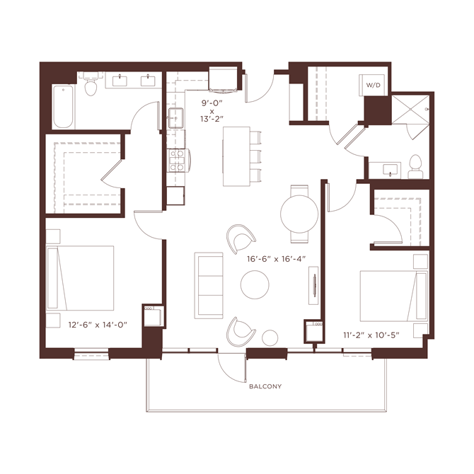 Floor plan for 2 beds, 2 baths, 1300 sqft
