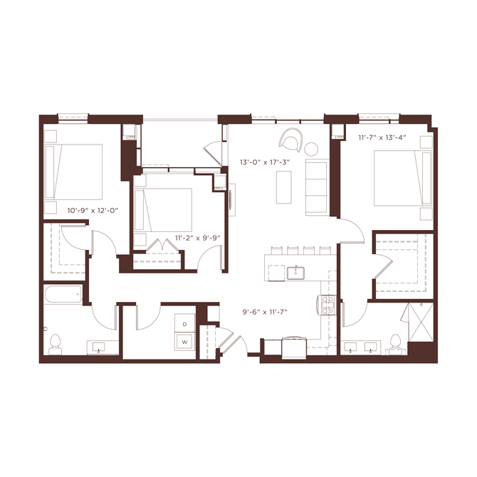 Floor plan for 3 beds, 2 baths, 1440 sqft