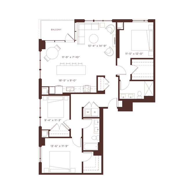 Floor plan for 3 beds, 2 baths, 1535 sqft