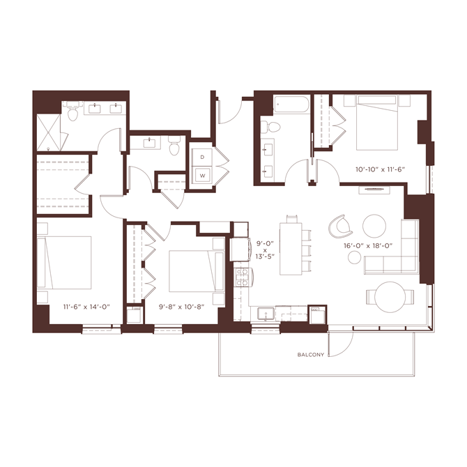 Floor plan for 3 beds, 3 baths, 1600 sqft