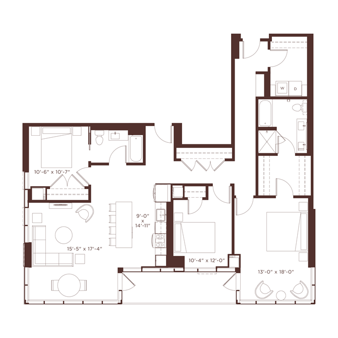 Floor plan for 3 beds, 2 baths, 1695 sqft