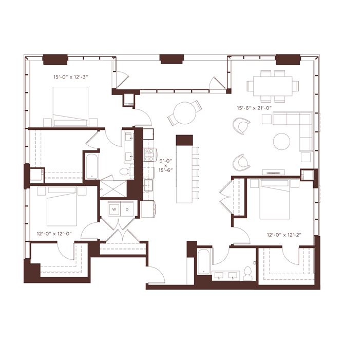 Floor plan for 3 beds, 2 baths, 1965 sqft