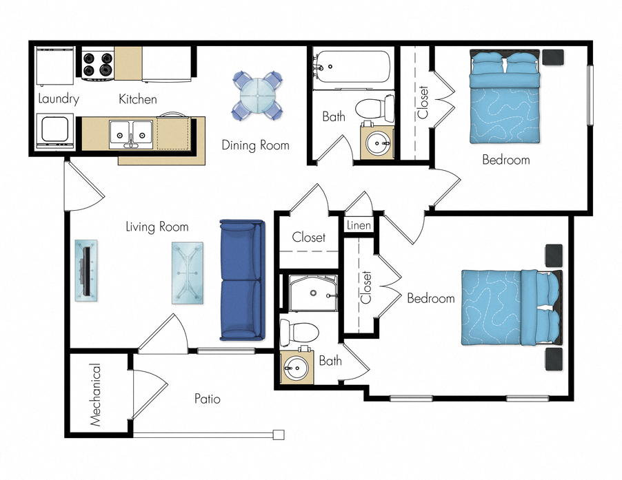 Floor plan for 2 beds, 2 baths, 1000 sqft