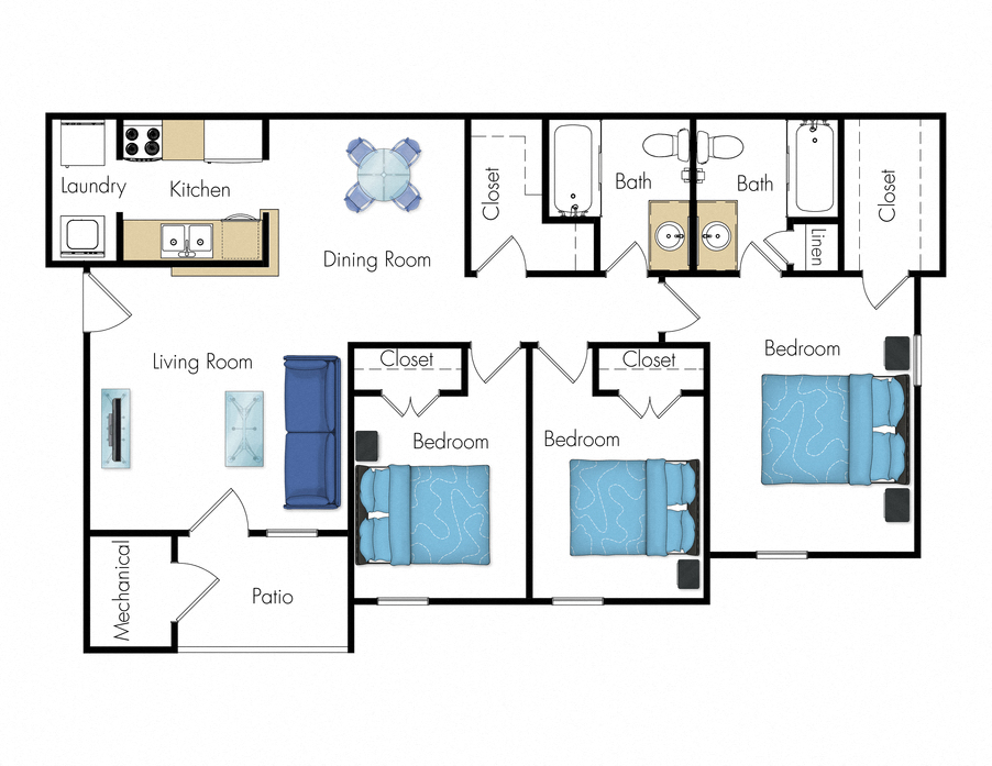 Floor plan for 3 beds, 2 baths, 1300 sqft