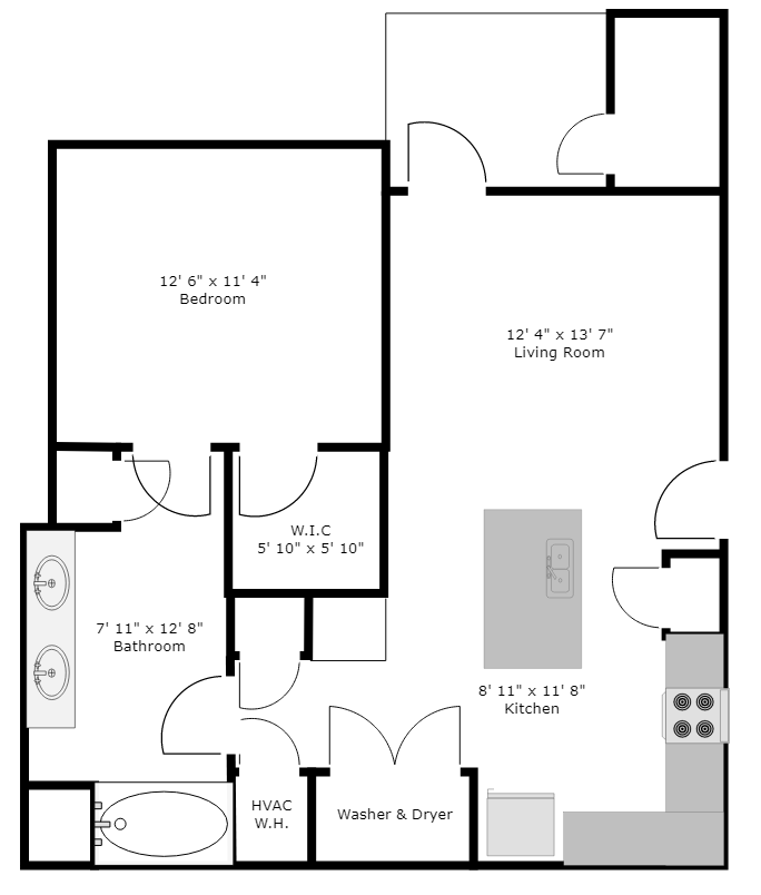 Floor plan for 1 bed, 1 bath, 660 sqft