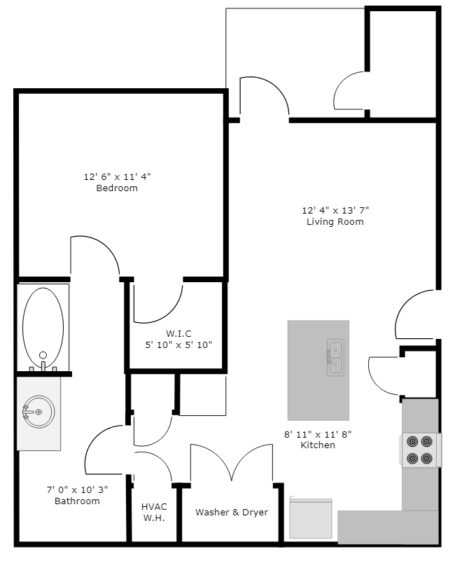 Floor plan for 1 bed, 1 bath, 660 sqft