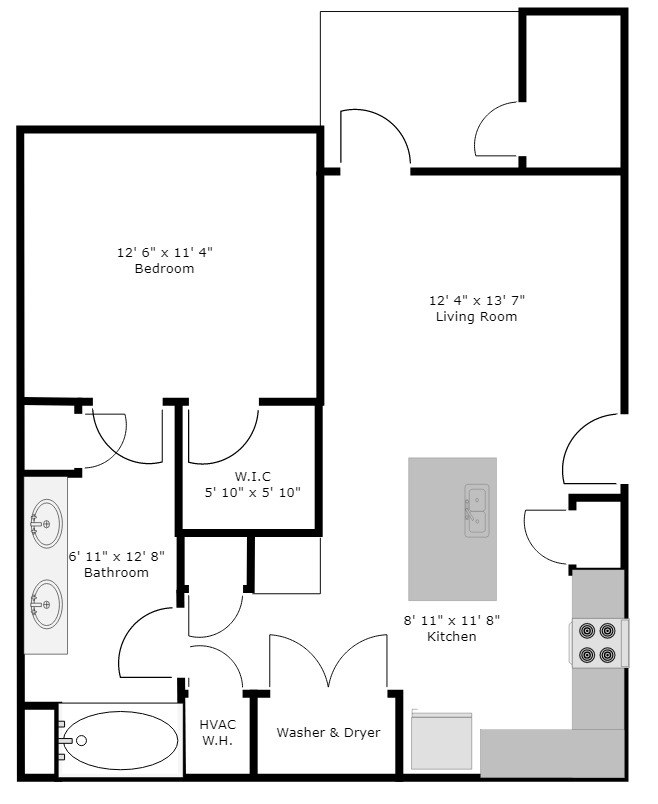 Floor plan for 1 bed, 1 bath, 660 sqft