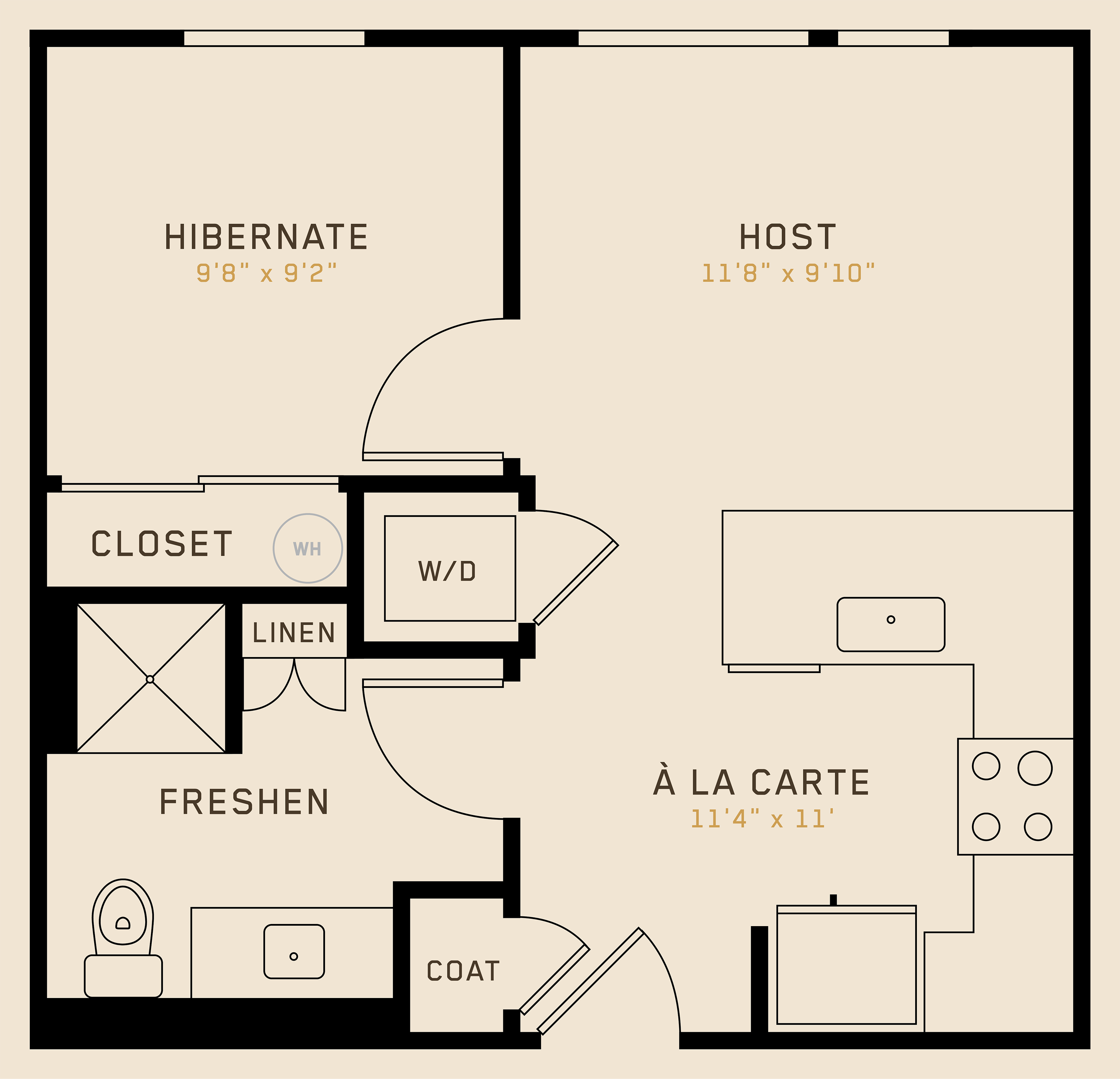 Floor plan for 1 bed, 1 bath, 475 sqft