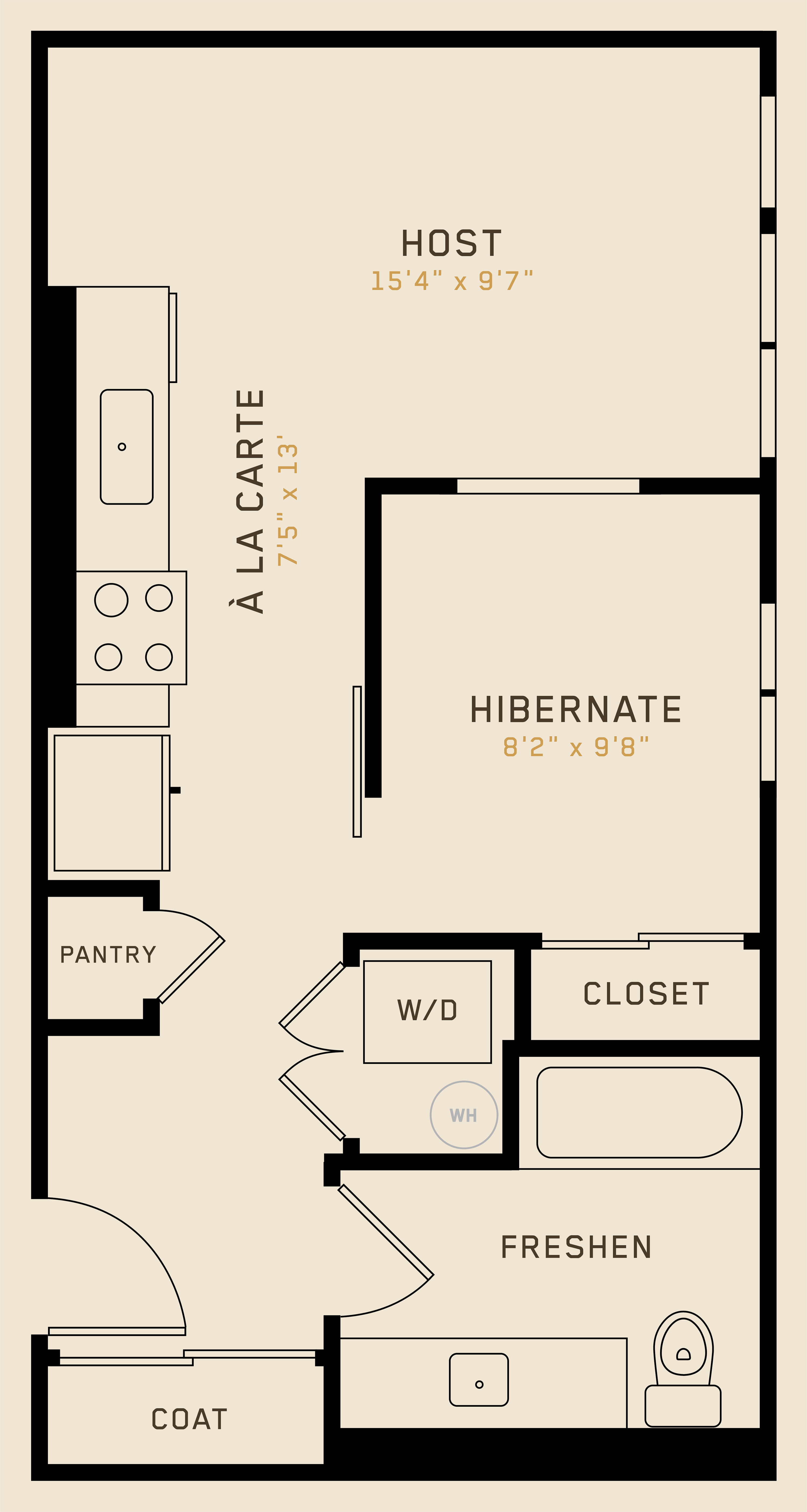 Floor plan for 1 bed, 1 bath, 496 sqft