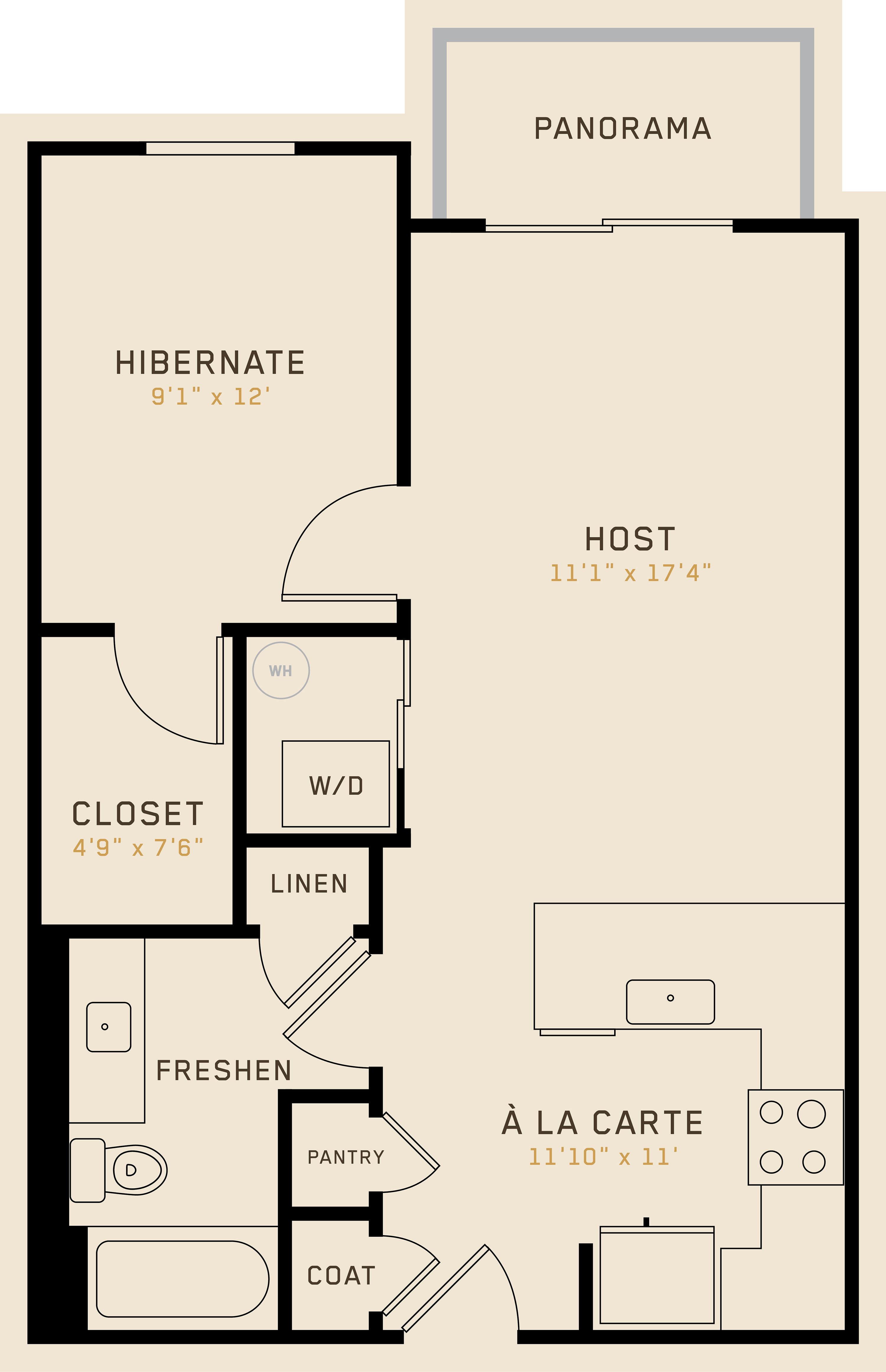 Floor plan for 1 bed, 1 bath, 652 sqft